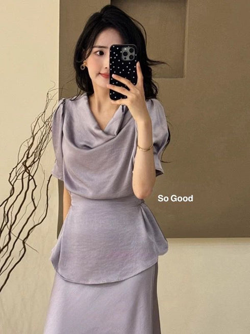 Cowl Neckline Short Sleeves Tie Tops With Skirts Sets
